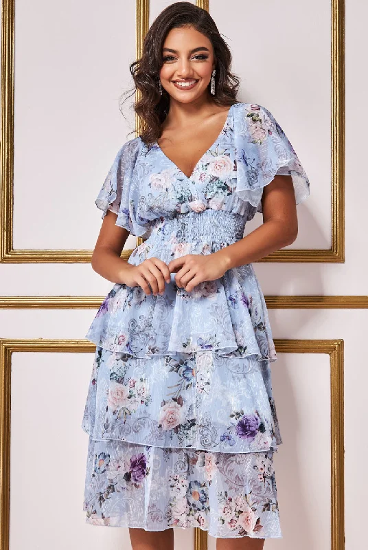 Goddiva Layered Floral Midi Dress With Flutter Sleeves