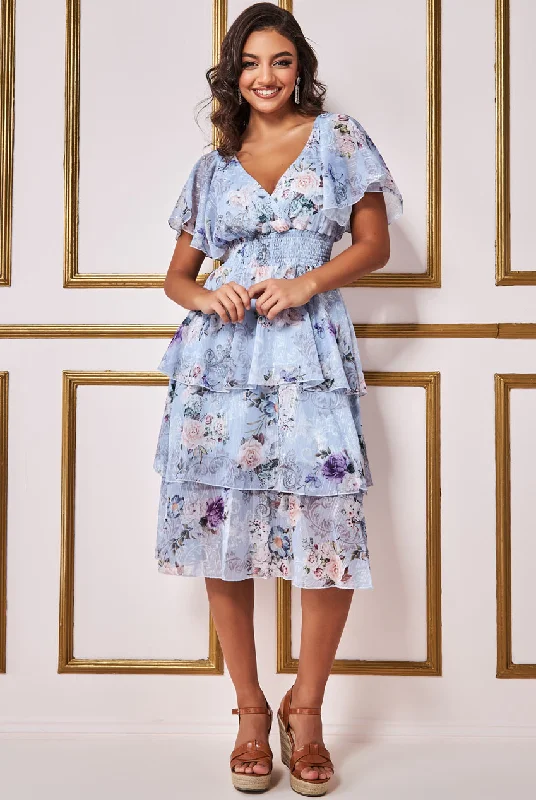 Goddiva Layered Floral Midi Dress With Flutter Sleeves