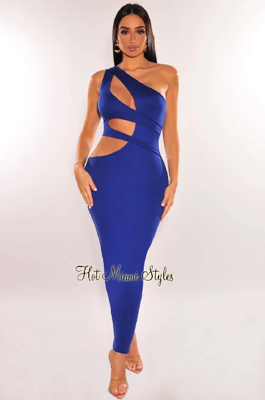 Royal Blue One Shoulder Cut Out Midi Dress