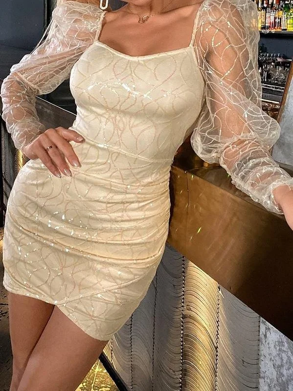 Sheer Mesh Gigot Sleeve Sequin Bodycon Dress