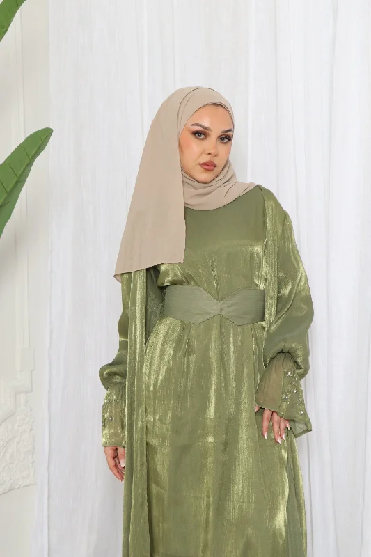 Safiya Organza Embroidery Set- Olive Green