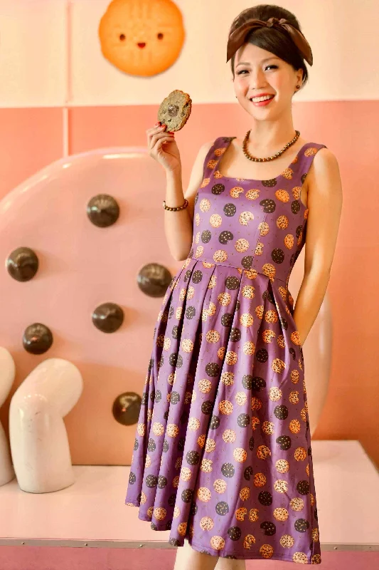 Amanda Purple Retro Flared Dress in Cookie Print