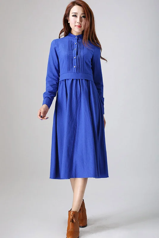 Blue dress woman Linen dress custom made long dress with pleated detail 798#