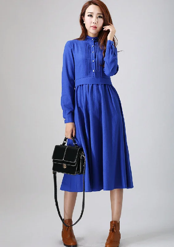 Blue dress woman Linen dress custom made long dress with pleated detail 798#