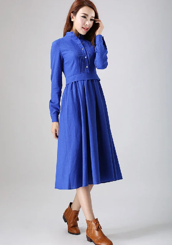 Blue dress woman Linen dress custom made long dress with pleated detail 798#