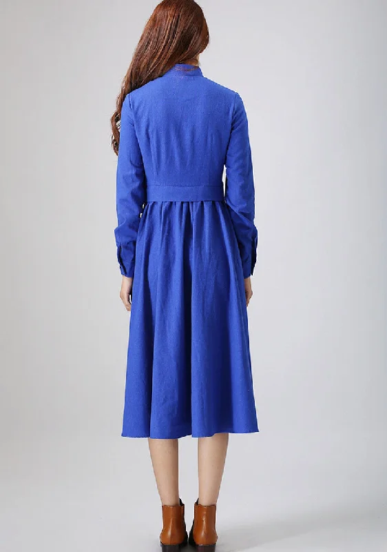 Blue dress woman Linen dress custom made long dress with pleated detail 798#