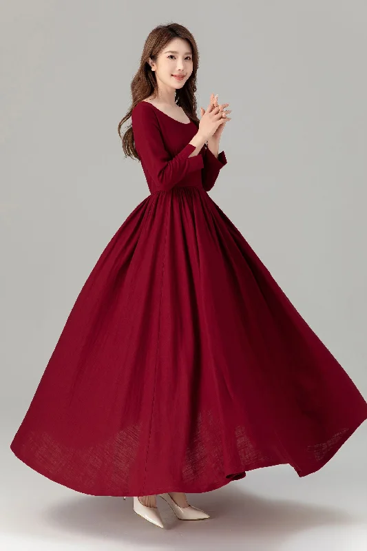 Burgundy prom high waisted spring linen dress 4924