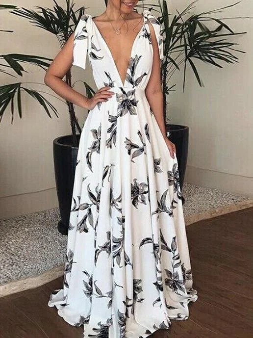 Deep V Neck Flower Printed Shoulder Straps Dress