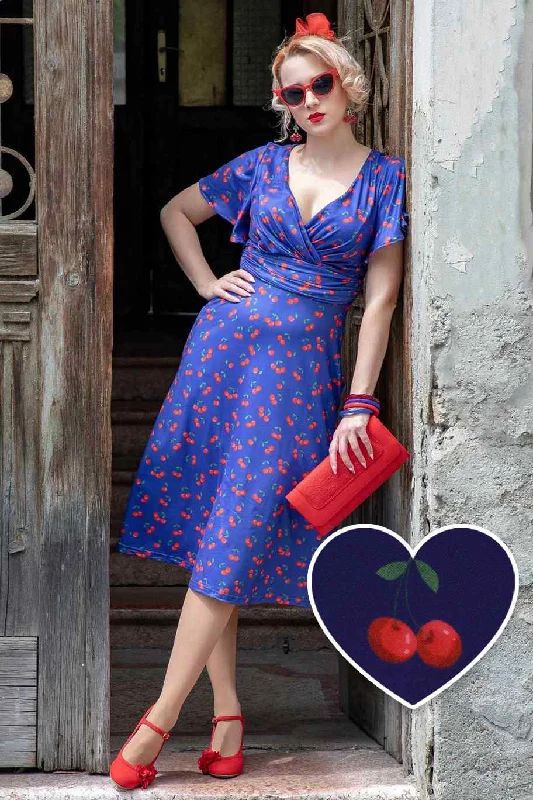 Donna Navy Blue Tea Dress in Cherry Fruit Print