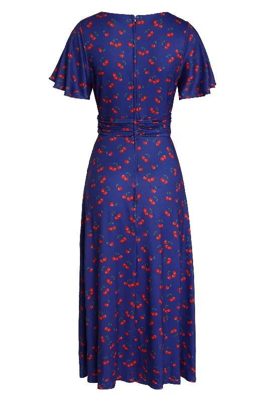 Donna Navy Blue Tea Dress in Cherry Fruit Print