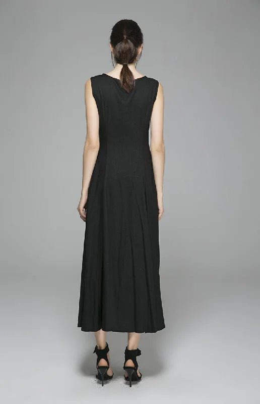 Long Black Linen Dress Women Maxi Dress Sleeveless Prom Dress(1395)