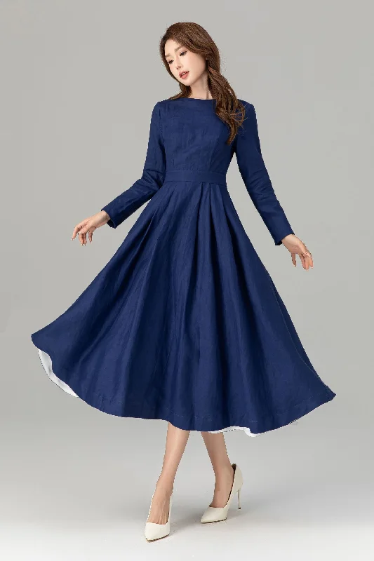 Long sleeves navy midi linen dress women 4925