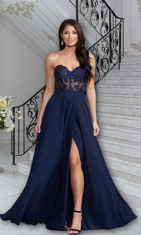 Strapless Sweetheart Sheer-Bodice Long Prom Dress