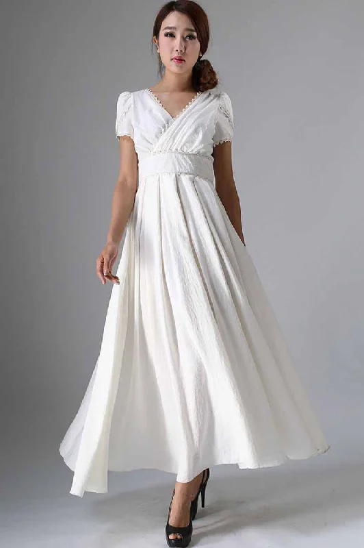 Timeless fit and flare white prom linen dress 0959#