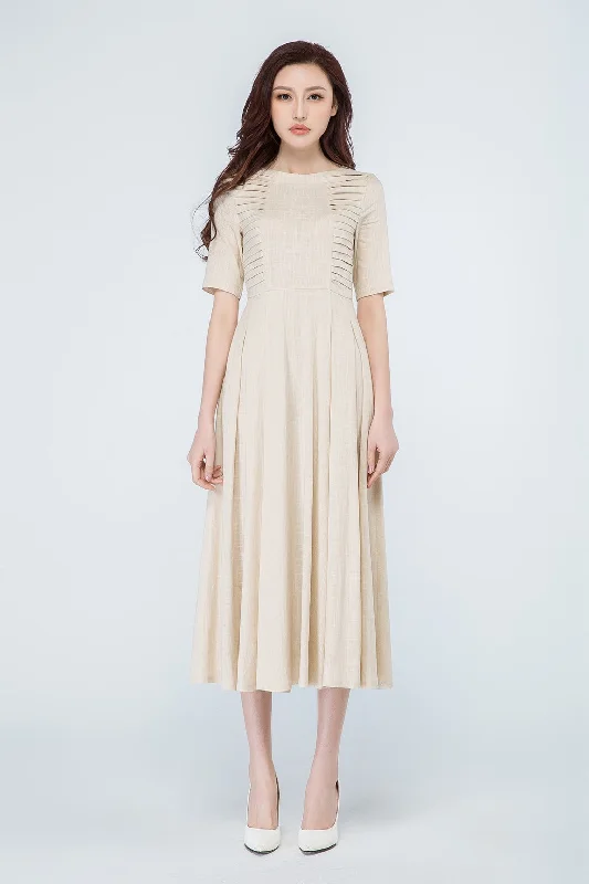 summer linen dress, beige dress, midi dress 1695