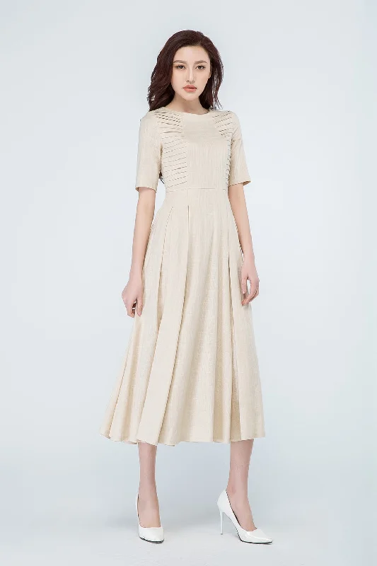 summer linen dress, beige dress, midi dress 1695