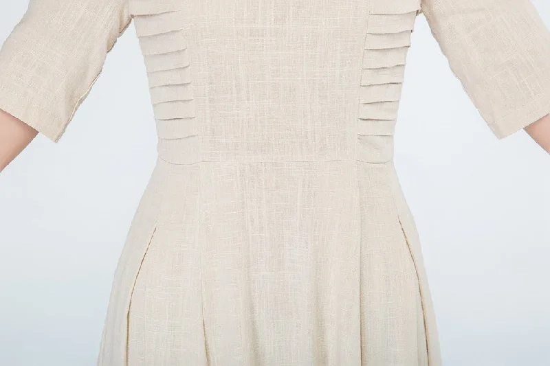 summer linen dress, beige dress, midi dress 1695