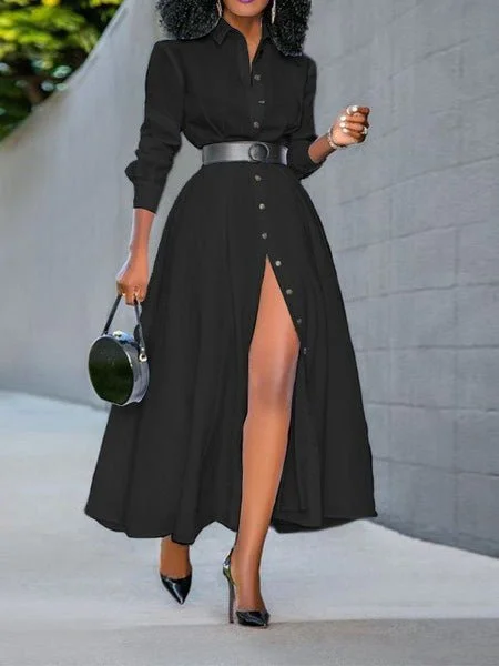 Single Breasted Lapel Long Sleeve Slit Dress