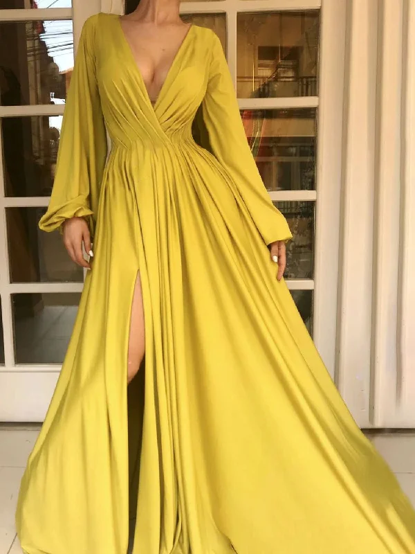 Women's Dresses Solid V-Neck Long Sleeve Slit Dress