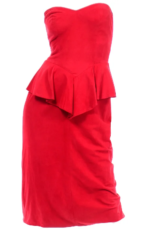 1980s Red Suede Vintage Vakko Strapless Dress with Peplum