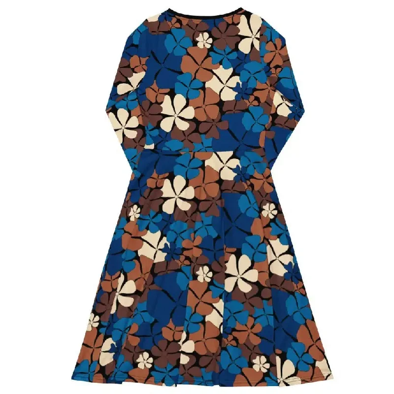 ADELIE blue brown - Midi dress with long sleeves and handy pockets