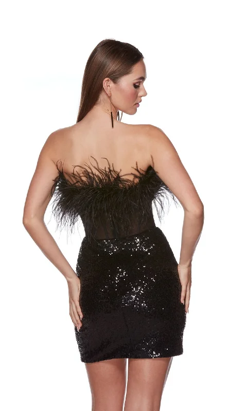 Sheer-Waist Feather Sequin Short Party Dress 4799