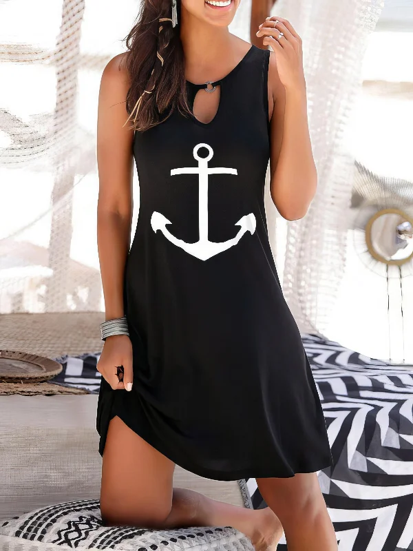 Anchor Print V Neck Sleeveless Dress