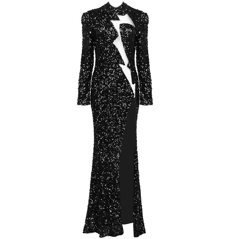 Black Sequins Long Sleeves Splice Maxi Dress