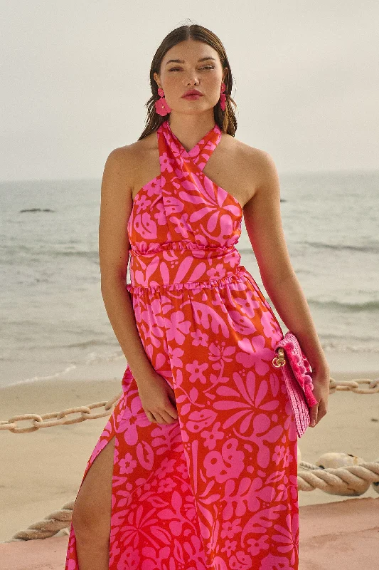 Coral Kiss Aries Halter Maxi Dress