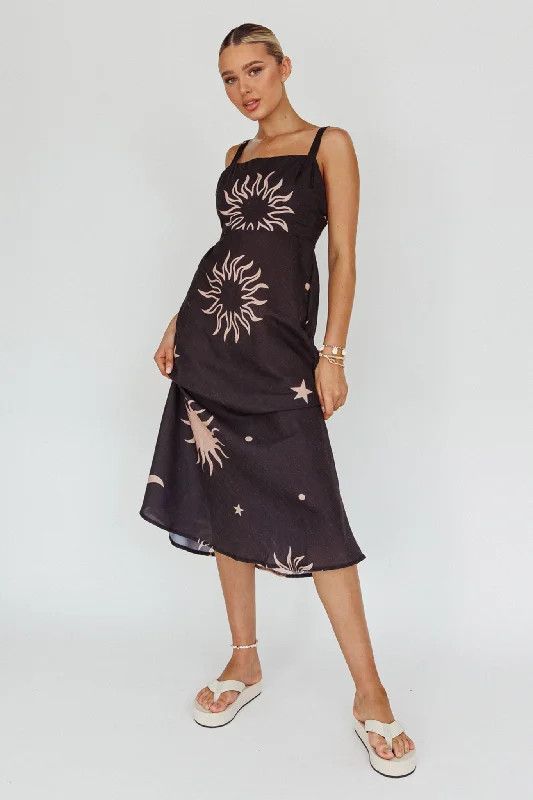 Coucou Square Neckline Midi Dress Celestial Print