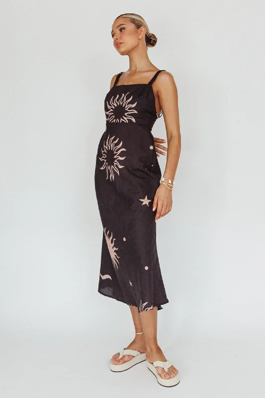 Coucou Square Neckline Midi Dress Celestial Print