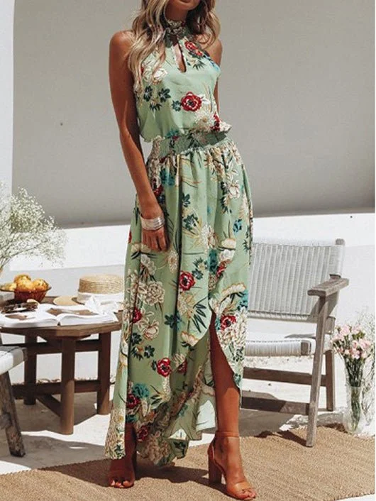 Dresses Printed Halter Off Shoulder Elastic Waist Irregular Dress for Women