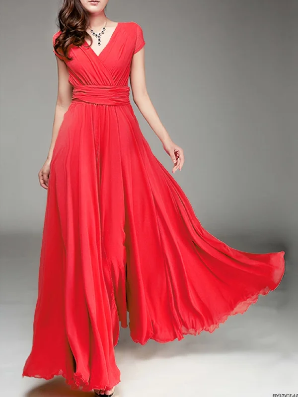 Elegant Solid Surplice Neck High Waist Short Sleeve Maxi Dress