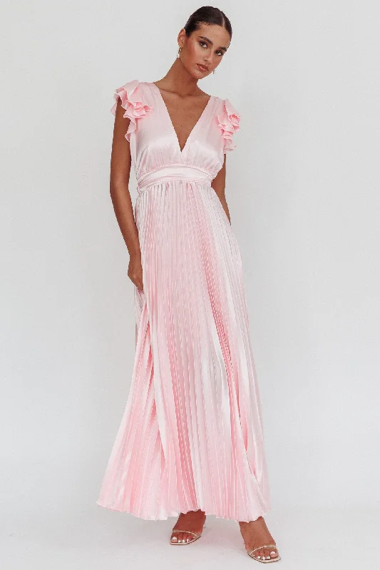 Enchantment Ruffle Sleeve Pleat Maxi Dress Pink