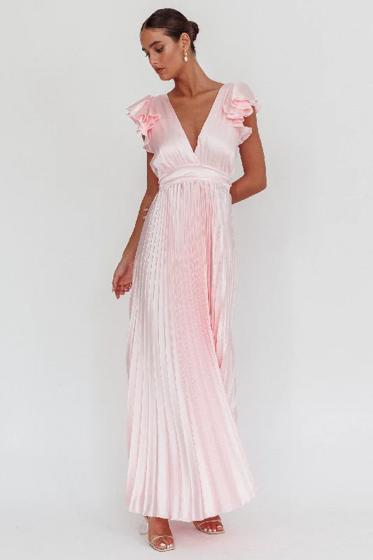 Enchantment Ruffle Sleeve Pleat Maxi Dress Pink