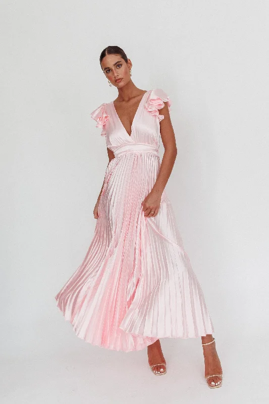 Enchantment Ruffle Sleeve Pleat Maxi Dress Pink