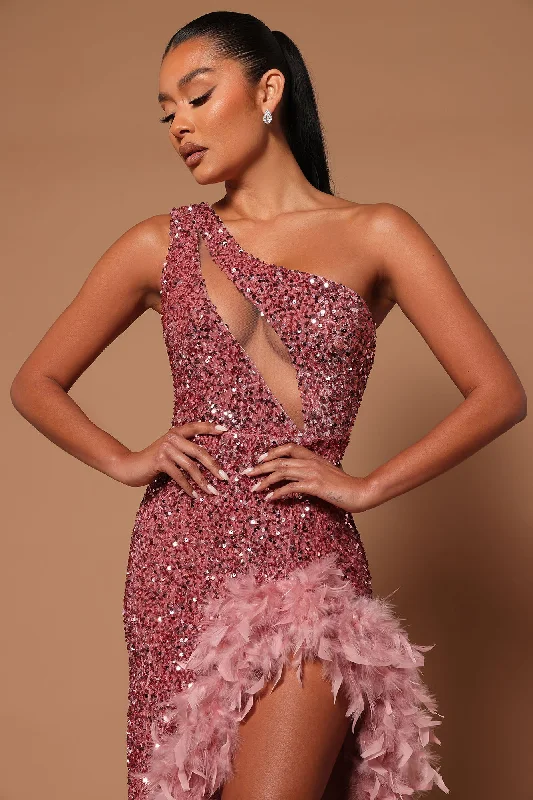 Esme Sequin Feather Maxi Dress - Pink