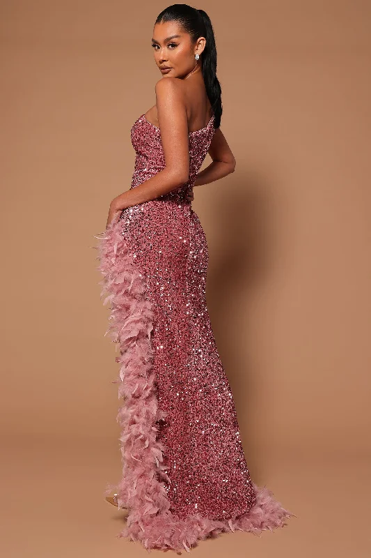 Esme Sequin Feather Maxi Dress - Pink