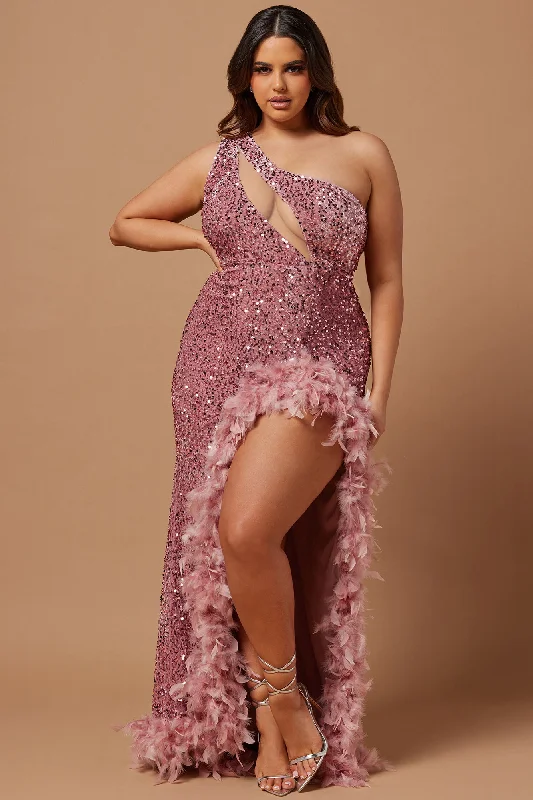 Esme Sequin Feather Maxi Dress - Pink