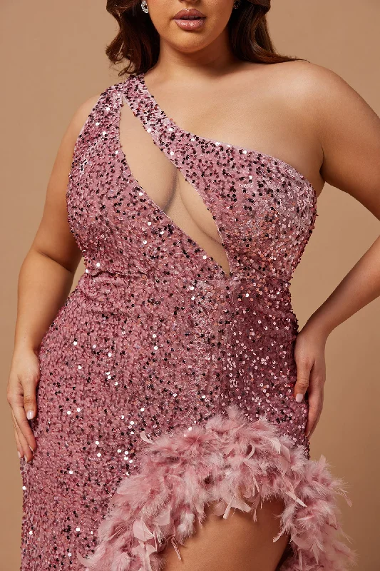 Esme Sequin Feather Maxi Dress - Pink