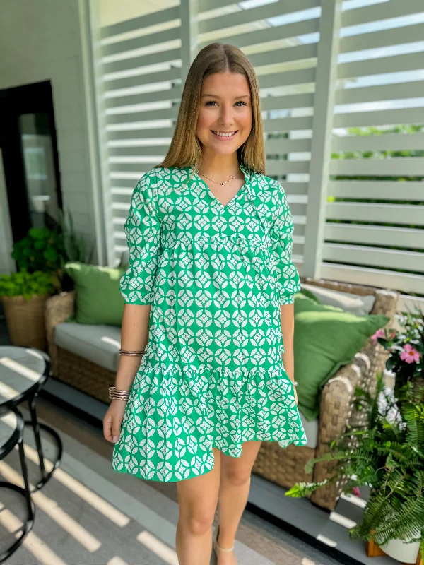 Geo Print Mini Dress in Green