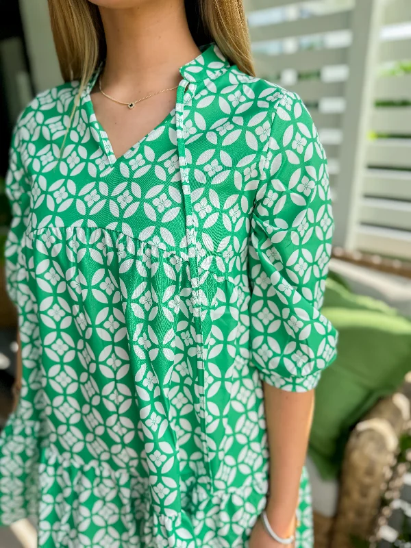 Geo Print Mini Dress in Green