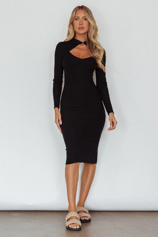 Home Run Long Sleeve Collared Midi Dress Black