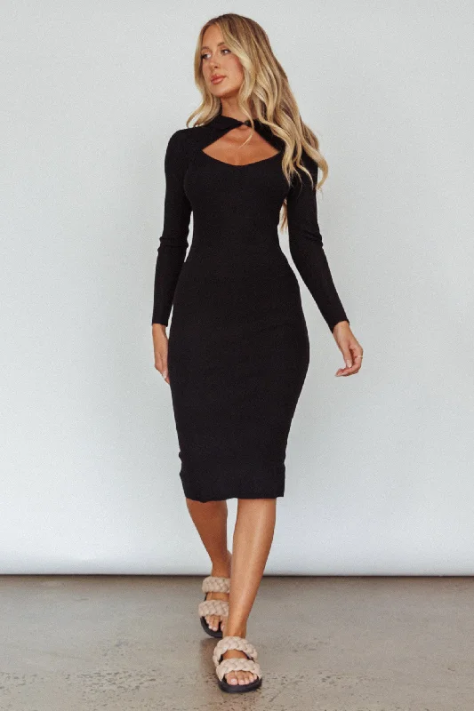 Home Run Long Sleeve Collared Midi Dress Black