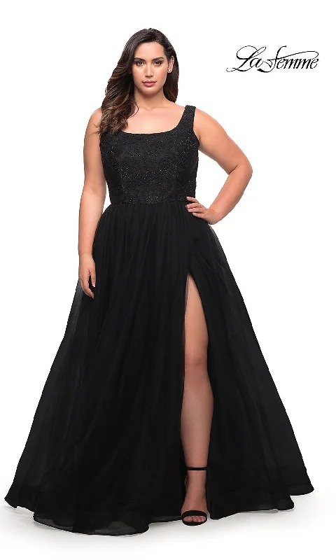 La Femme Plus-Size Long Lace-Bodice Prom Dress