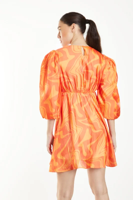 Glamorous Orange Marble Volume Puff Sleeve Mini Dress