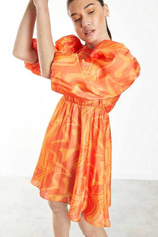 Glamorous Orange Marble Volume Puff Sleeve Mini Dress