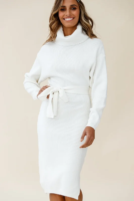 Marco Long Sleeve Turtleneck Knit Midi Dress White