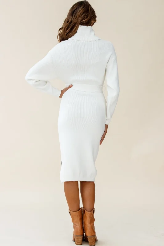 Marco Long Sleeve Turtleneck Knit Midi Dress White