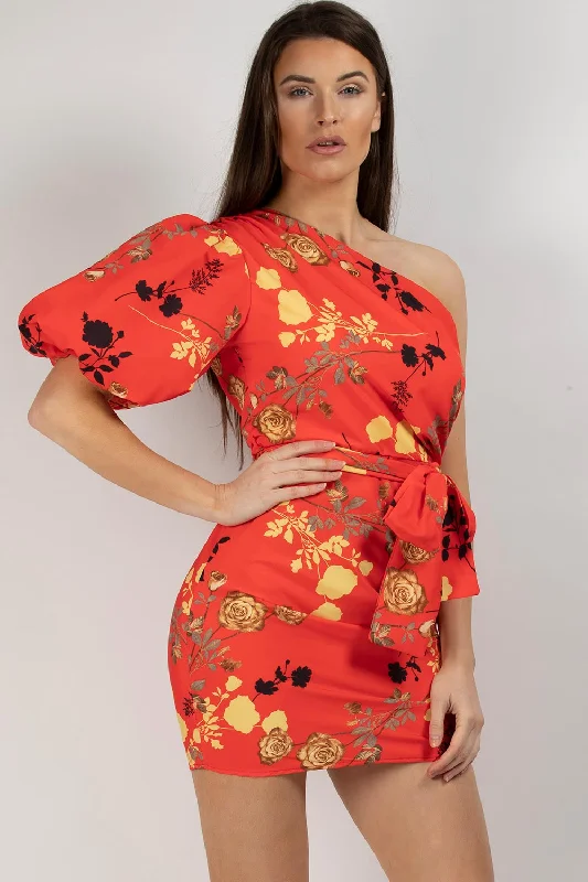 One Shoulder Puff Sleeve Floral Mini Dress Red